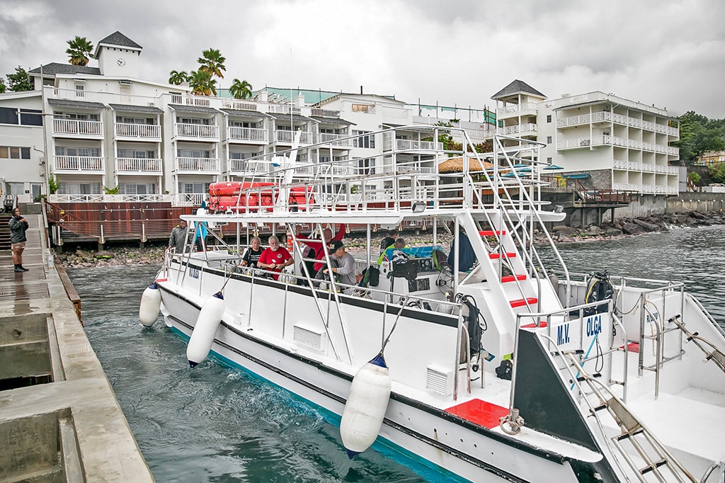 The dive center's custom-built power catamaran has a large, shaded deck and secure twin boarding stations. The dive center's custom-built power catamaran has a large, shaded deck and secure twin boarding stations.