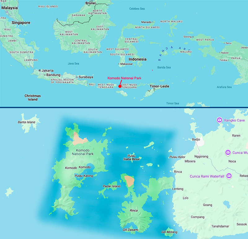 Komodo National Park lies between the major islands of West and East Nusa Tenggara in south-central Indonesia.